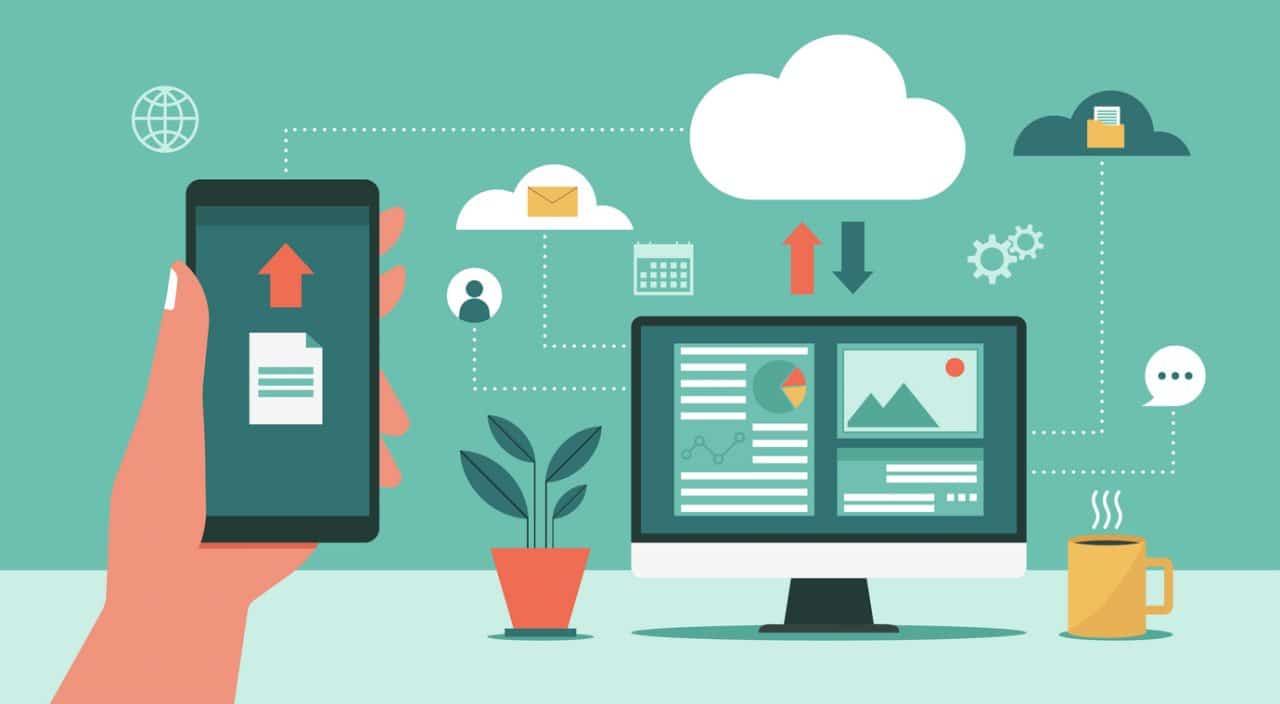 ilustração de backup e sincronização entre celular, nuvem e HDs