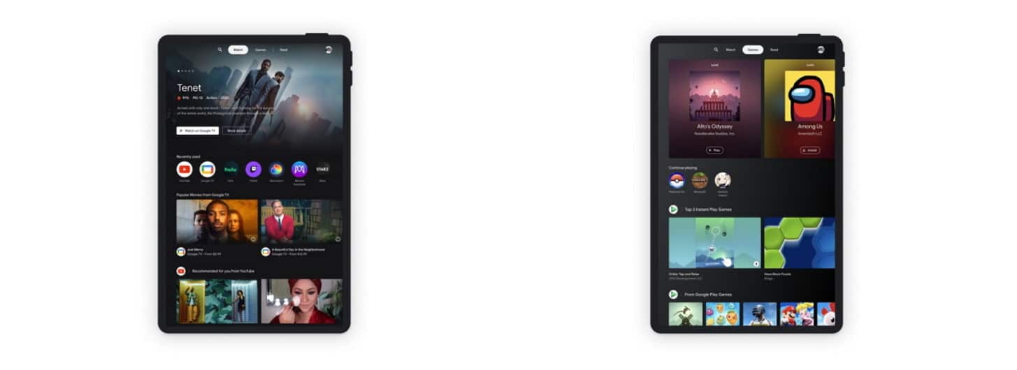 Imagem mostra guias Assistir e Jogar do Entertainment Space, recurso anunciado pelo Google para tablets Android