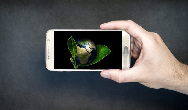 celular com a tela mostrando o planeta Terra envolto em uma planta