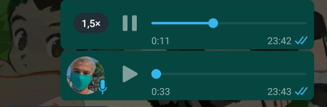 Captura de tela da opção de mudar velocidade do áudio no WhatsApp