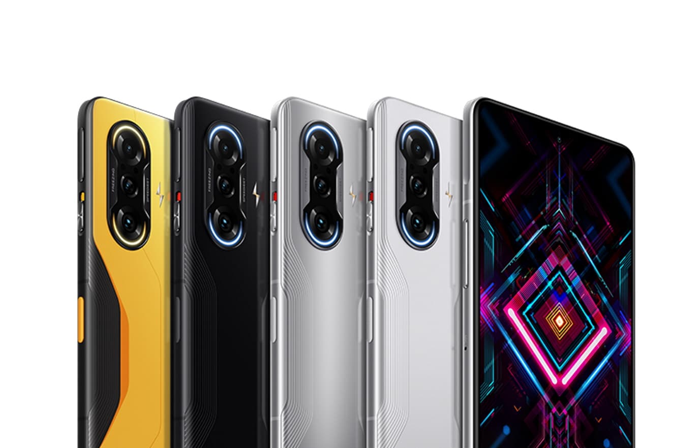 Imagem mostra cinco smartphones Redmi K40 Gaming Editon, que serão lançados em breve no mercado global