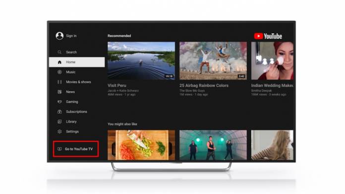 Captura de tela do YouTube com o novo atalho do YouTube TV dentro de Smart TVs que rodam Roku