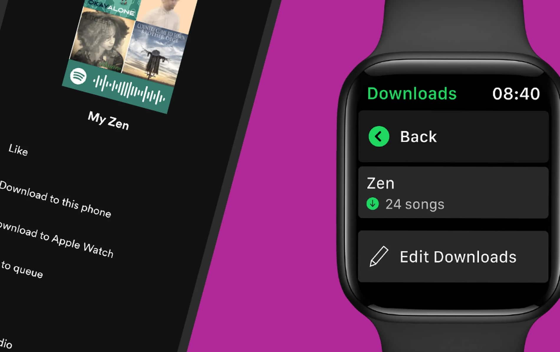 Imagem mostra celular com Spotify aberto ao lado do Apple Watch, que agora terá acesso ao conteúdo da plataforma em modo offline