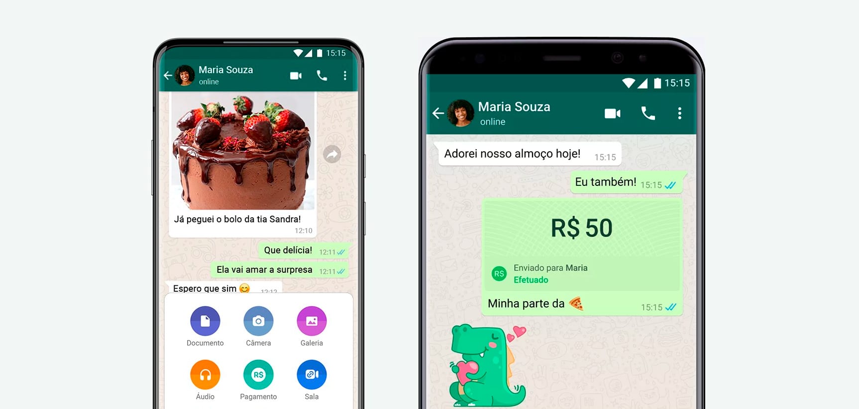 Prévias mostrando duas telas de pagamento do WhatsApp
