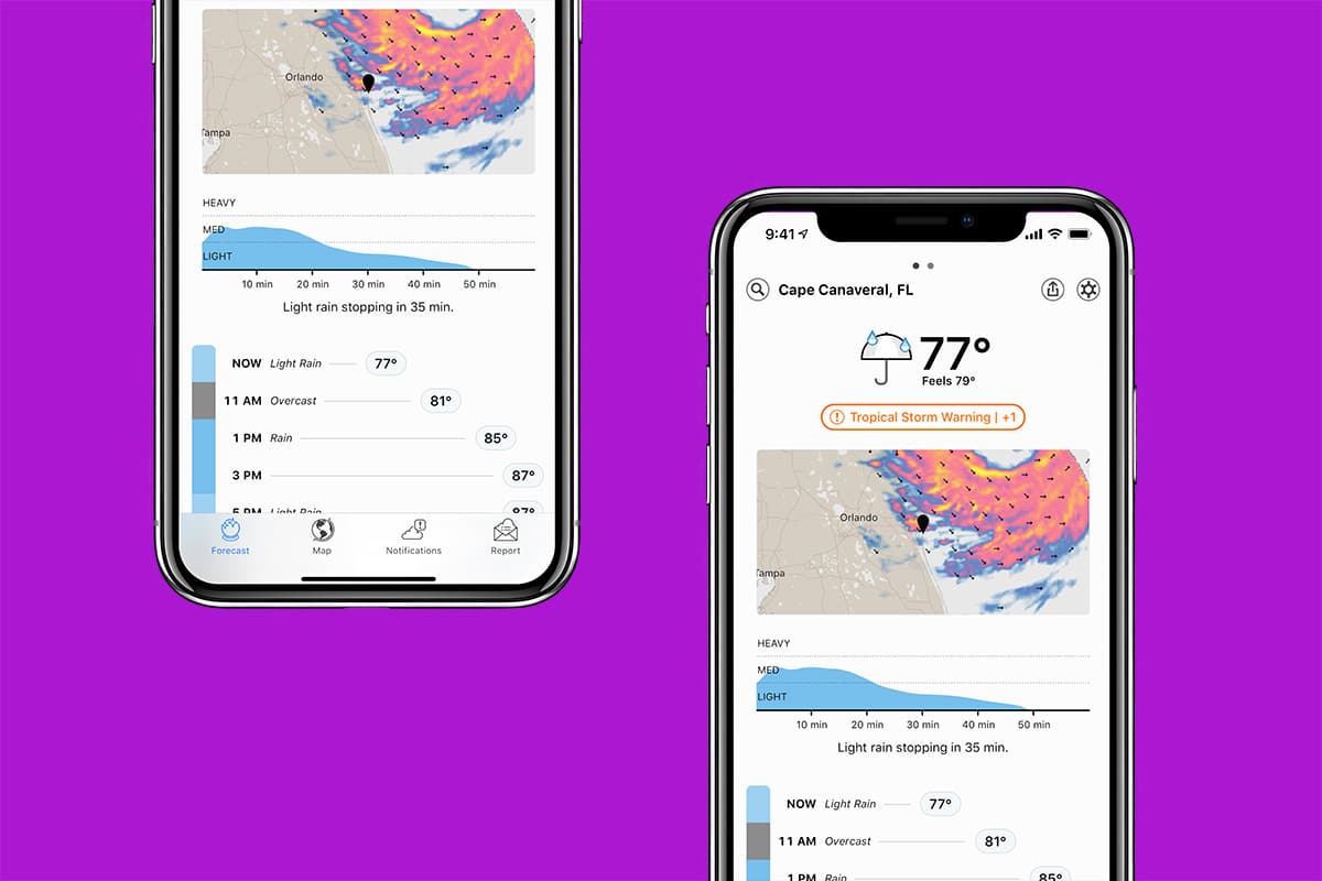 Duas telas do app Dark Sky