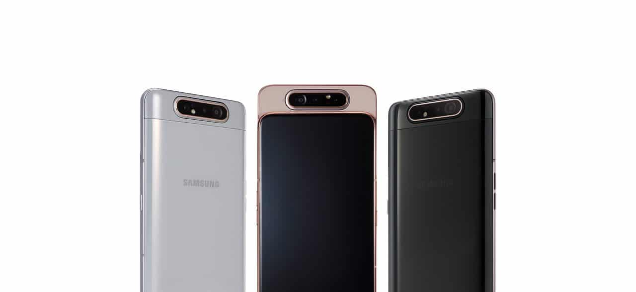 Galaxy A80, citado na matéria e que possui uma câmera giratória, recurso que está na patente da Samsung para um celular dobrável