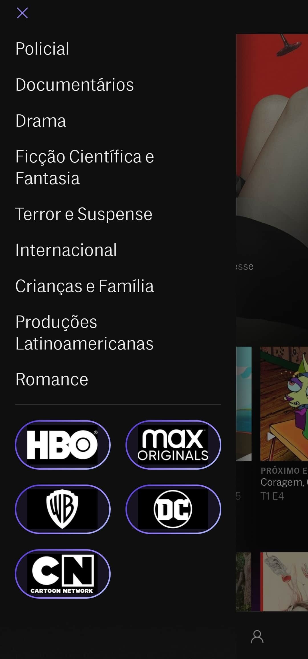 Captura de tela com os recursos de interface e player do HBO Max