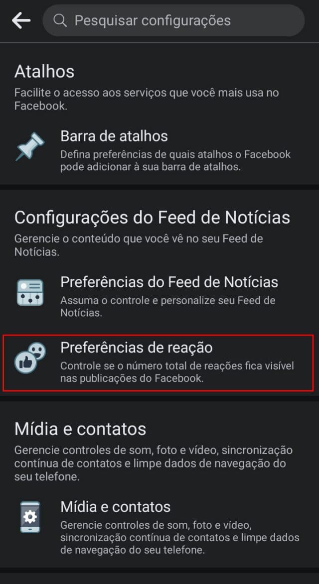 Tela do app do Facebook