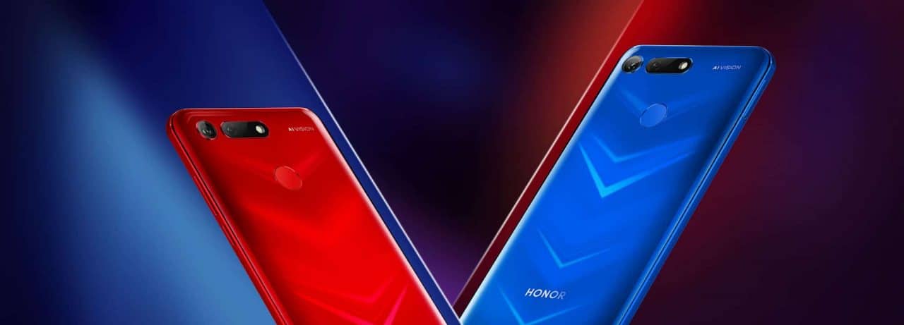 Imagem com o Honor View 20 em duas cores, azul e vermelho