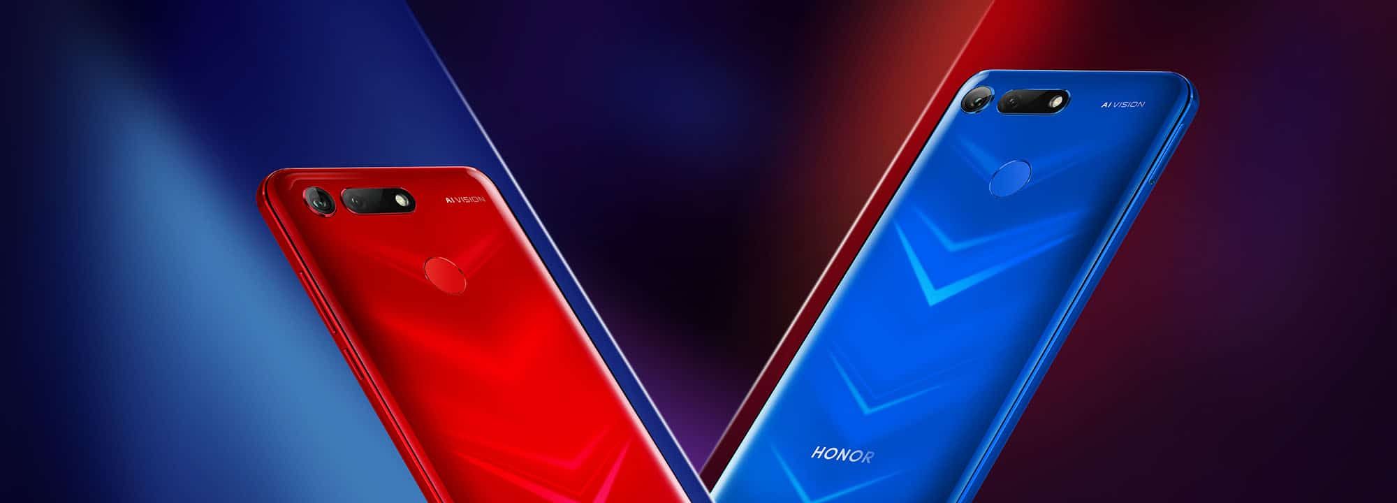 Imagem com o Honor View 20 em duas cores, azul e vermelho