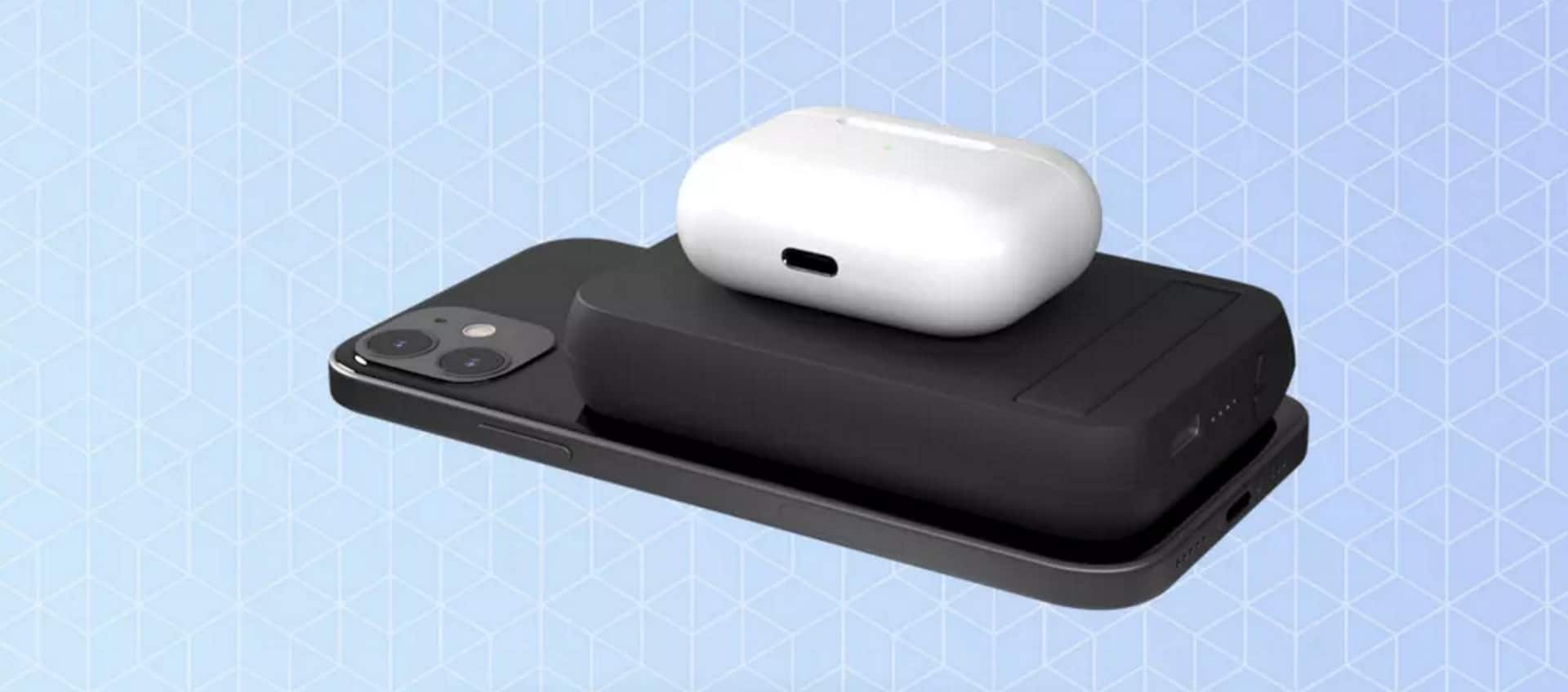 Imagem mostra carregador duplo da Zens no meio de um smartphone e de um case de AirPods