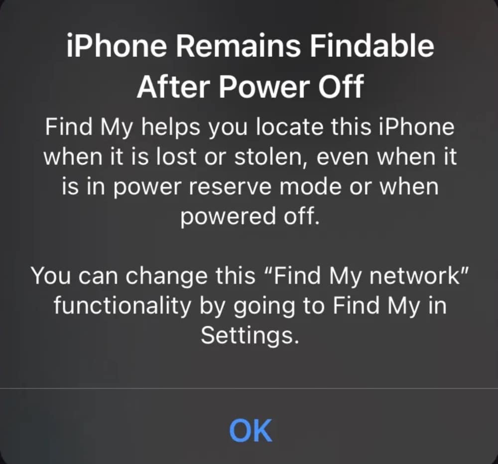 Imagem mostra aviso que iPhone permanecerá rastreável mesmo após apagado no iOS 15, com atualização do Find my Phone