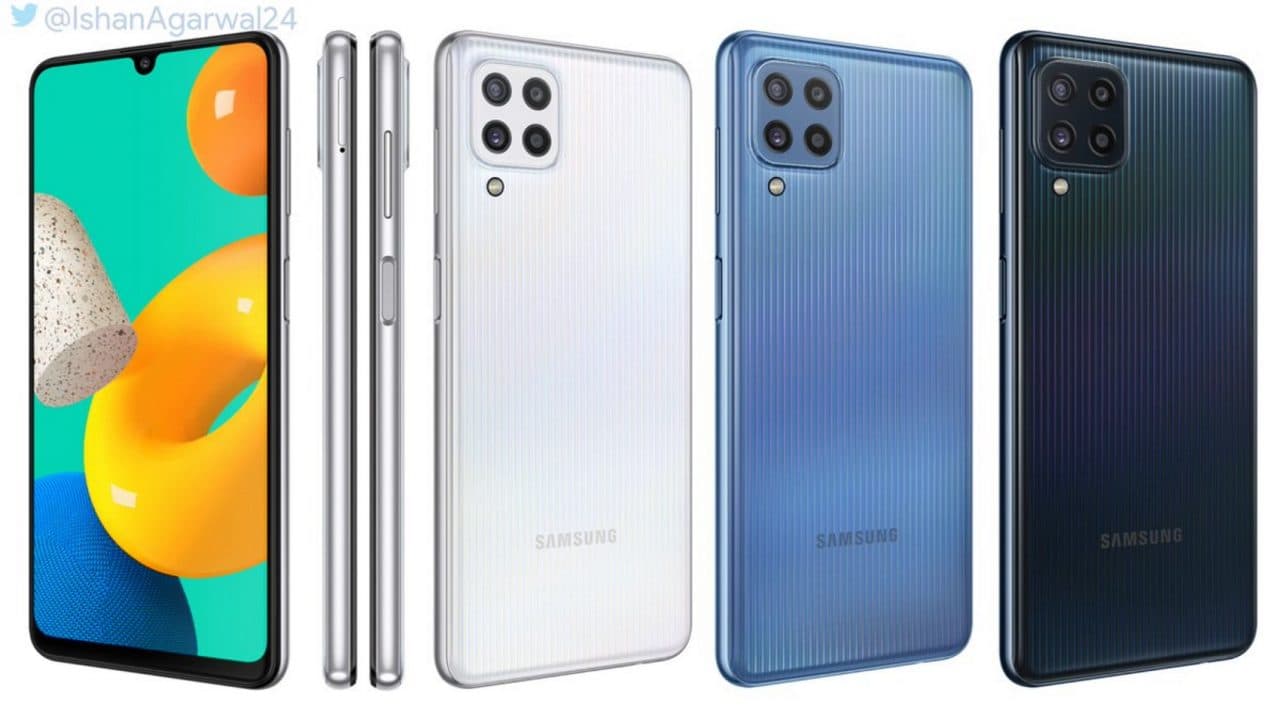 Imagem mostra vários modelos do Samsung Galaxy M32, que está próximo de ser anunciado