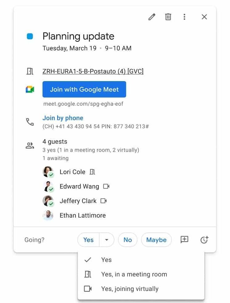 Imagem mostra a nova função do Google Meet, em que o participante deve indicar se participa da reunião remota ou presencialmente