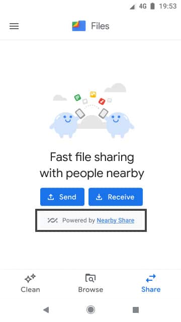 Imagem mostra a função Nearby Share no app Google Files