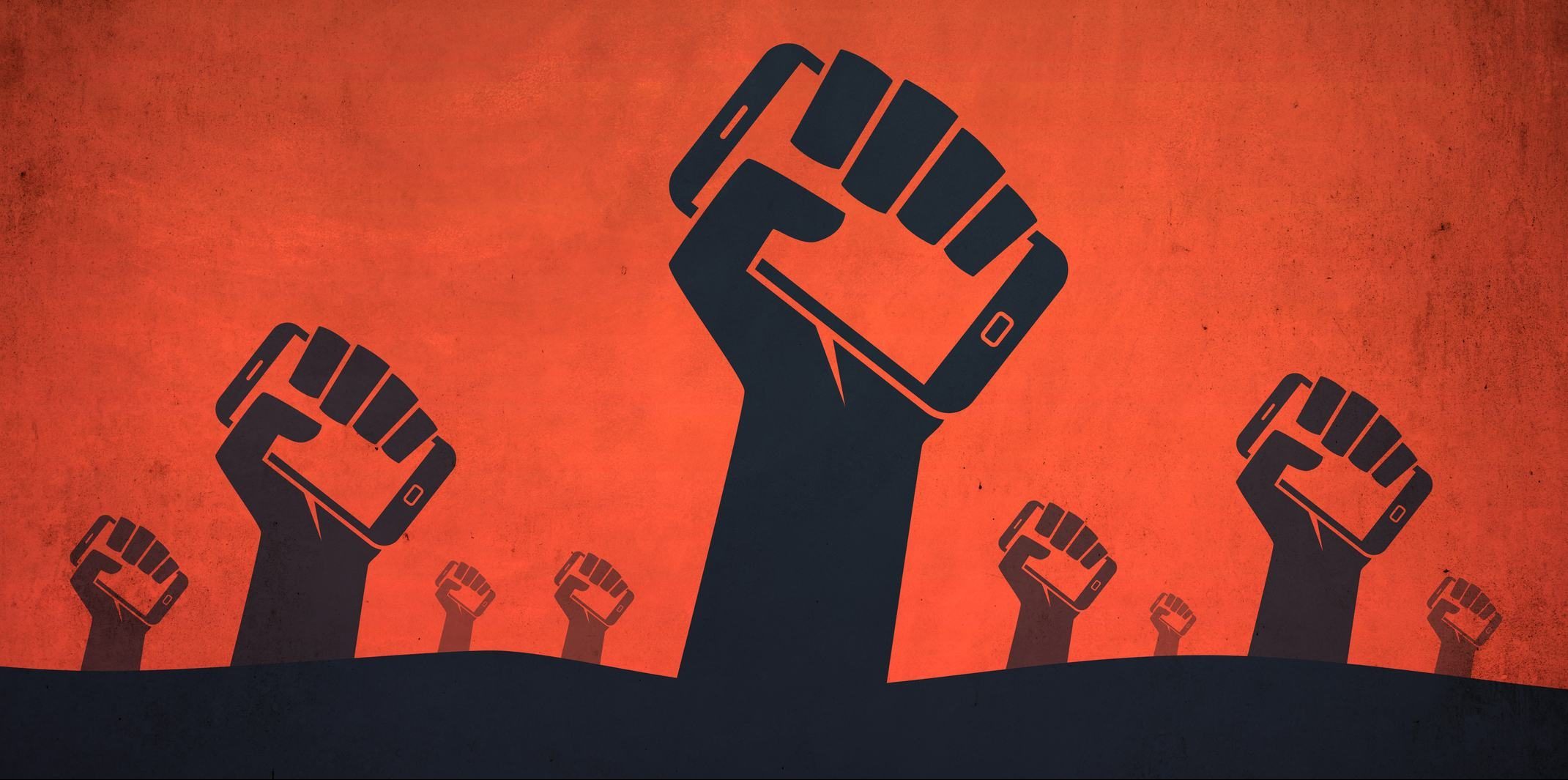 ilustração de vários punhos levantados, segurando um celular, remetendo à Cuba lançando seu primeiro smartphone