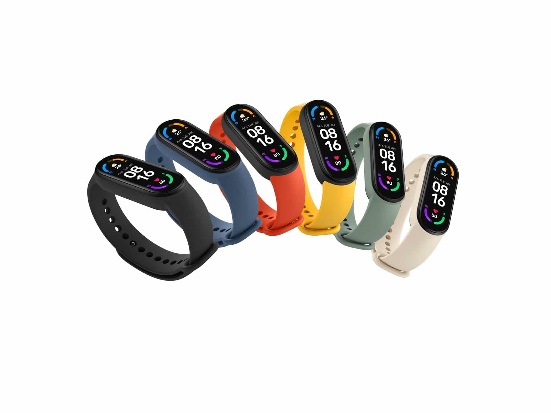 Imagem mostra, lado a lado, a Mi Smart Band 6 em suas seis cores lançadas no Brasil