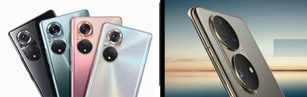 Imagem mostra Honor 50 à esquerda e Huawei P50 à direita