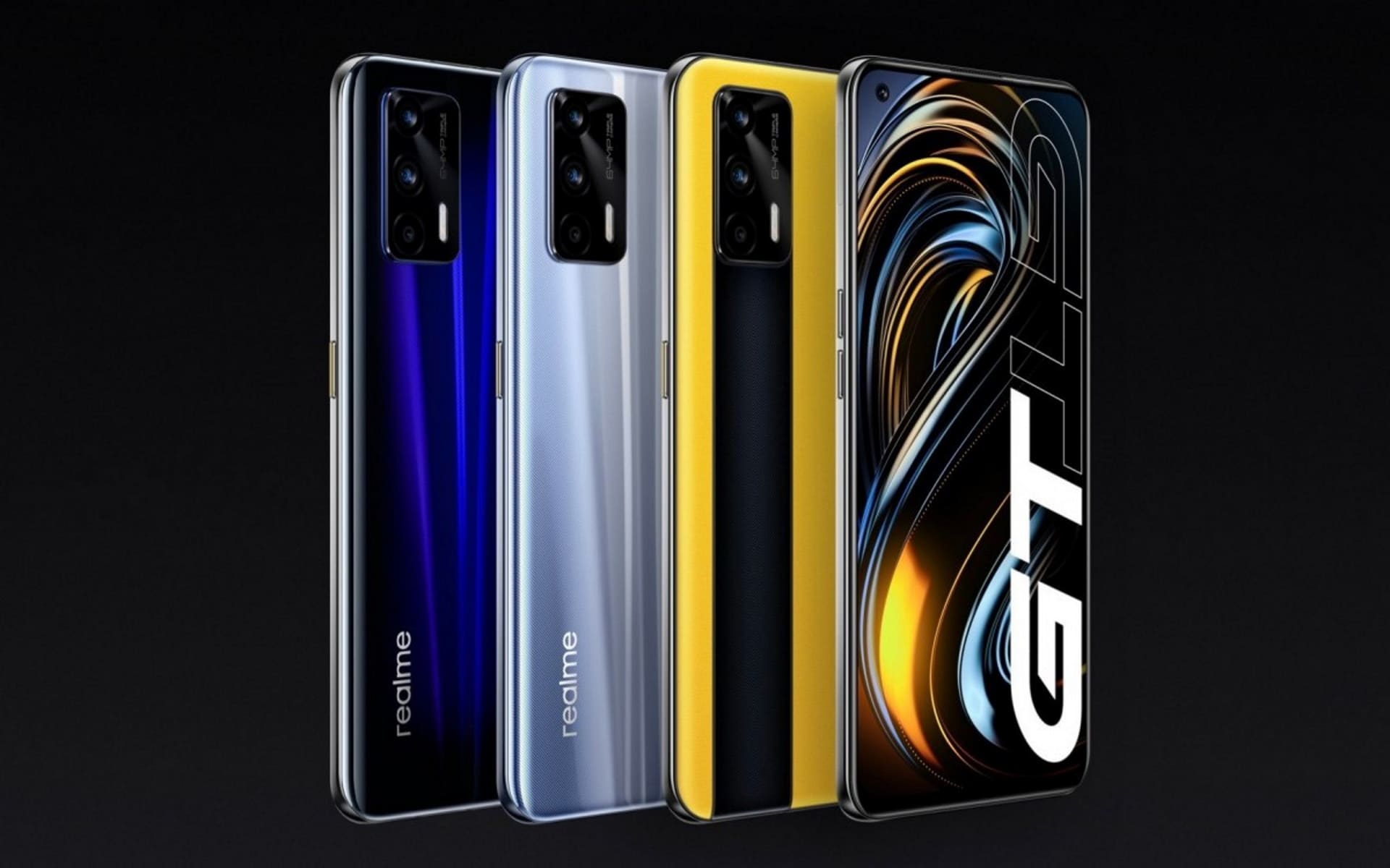  Three Realme GT 6 phones in different colors are displayed from the back.