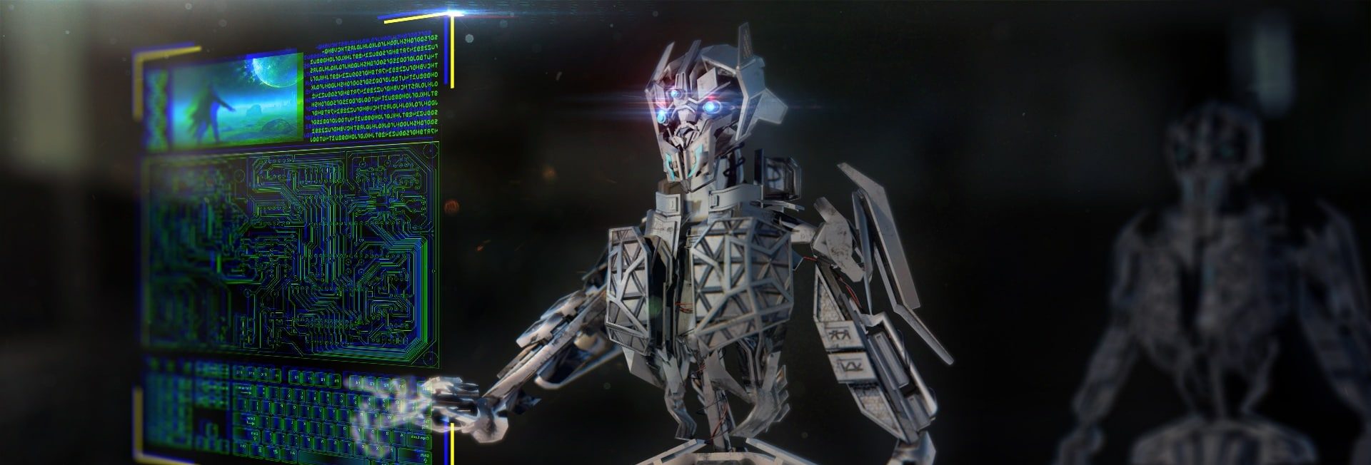 Robôs acessando um teclado virtual para ilustrar o Twitter agindo contra contas fake