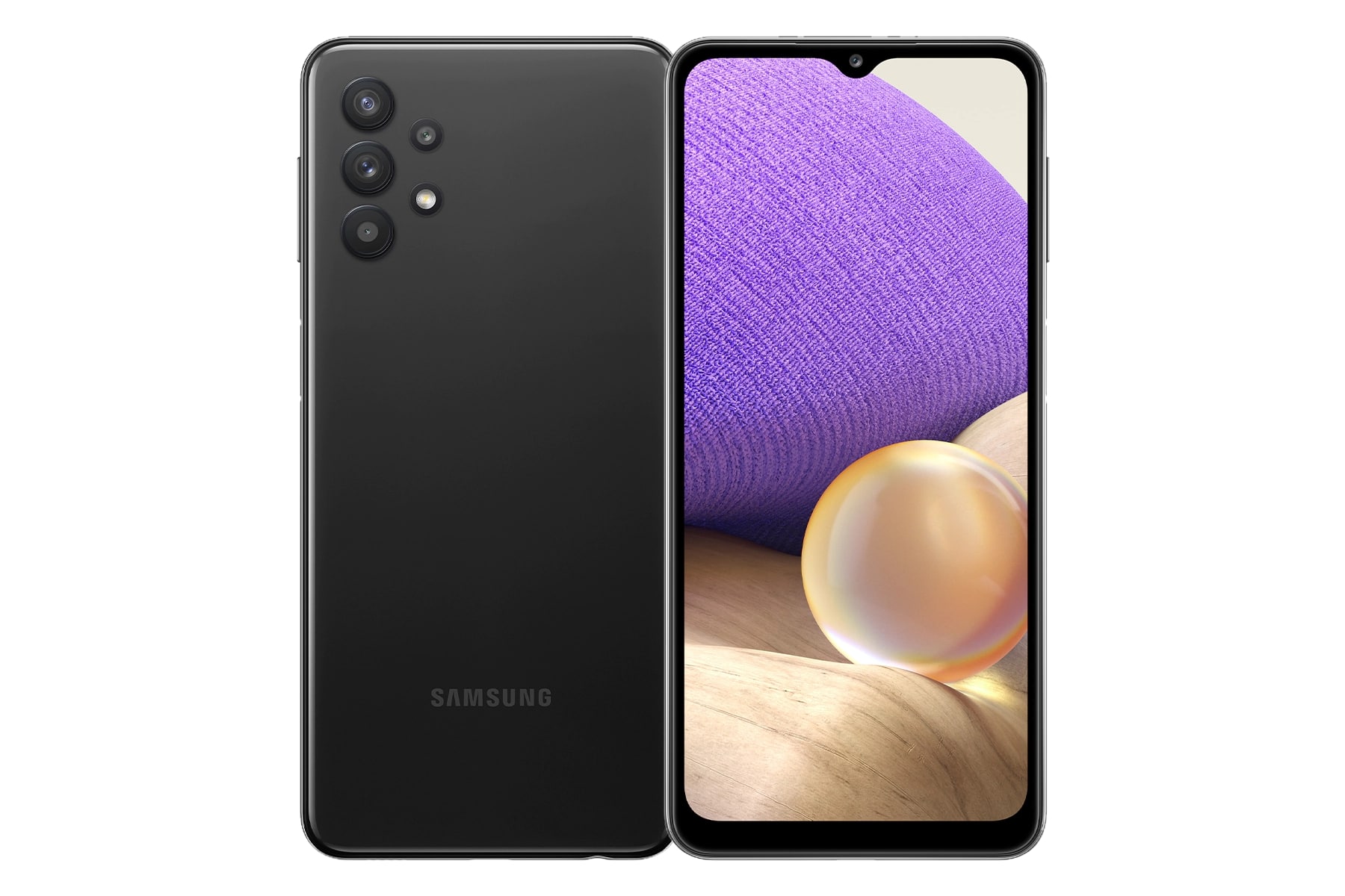 Imagem mostra o celular Samsung Galaxy A32 em um fundo branco