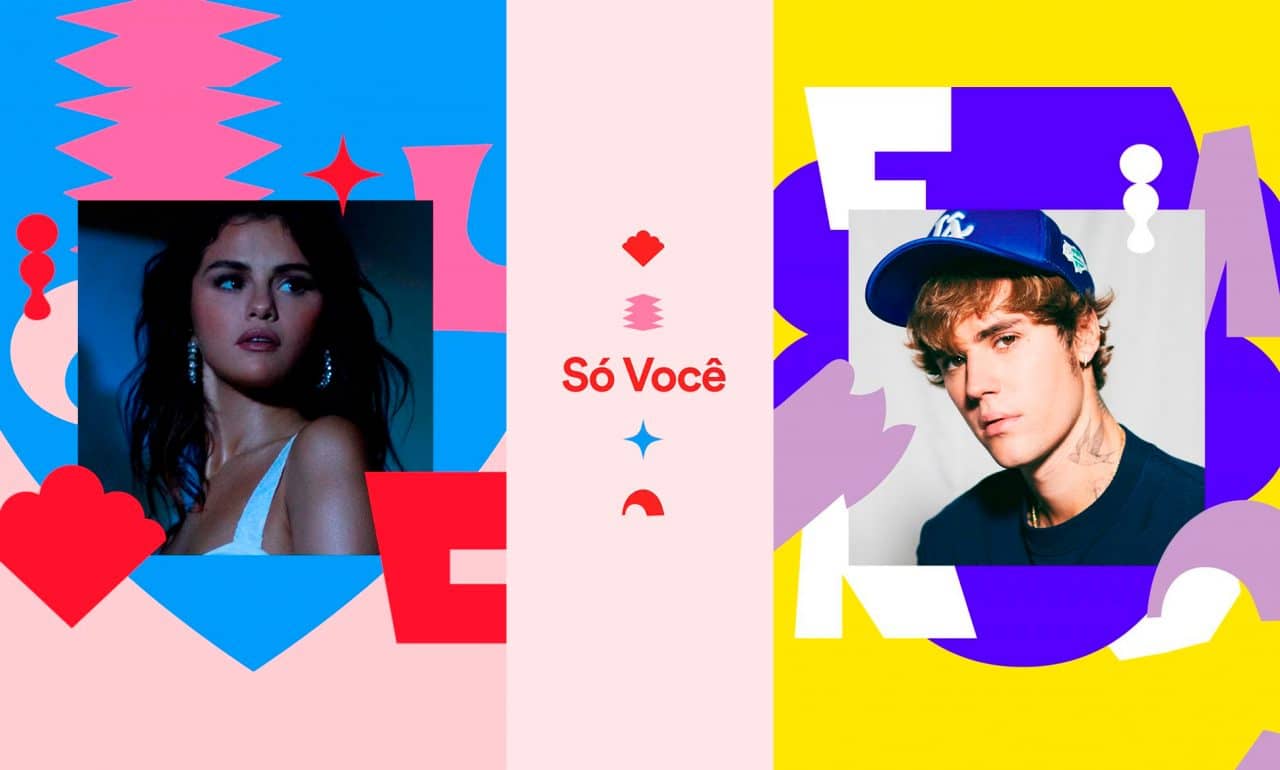 selena gomez e justin bieber em duas telas separadas do Spotify