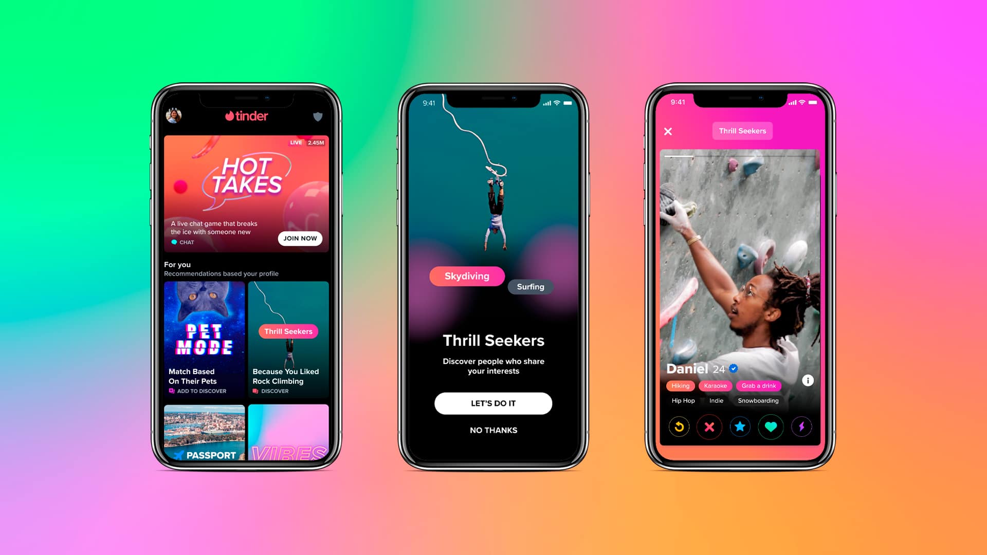 Captura de tela dos novos serviços disponíveis no Tinder, como Hot Takes, Explore, e vídeos em perfis