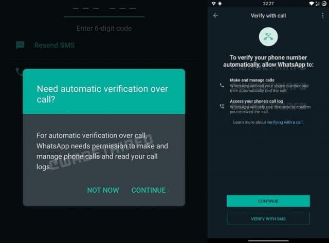 Screenshot de novo recurso do WhatsApp para verificar conta via ligação automática