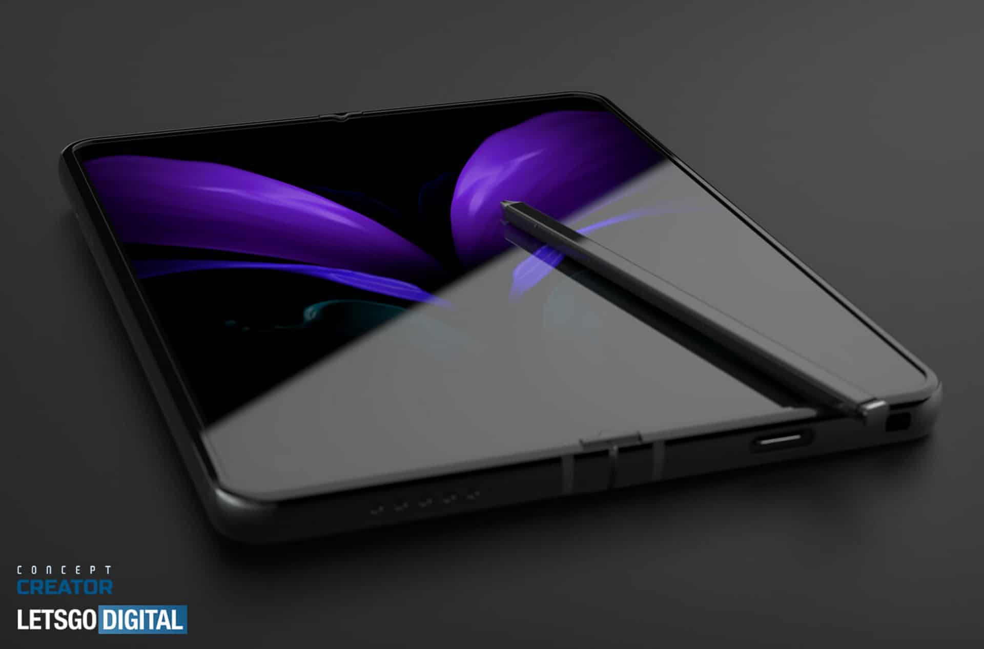 Imagem renderizada mostra Galaxy Z Fold 3 e S-Pen em cima do flagship dobrável