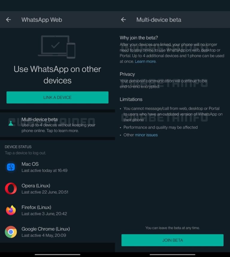 Captura de tela com a função de acesso multi-dispositivo do WhatsApp