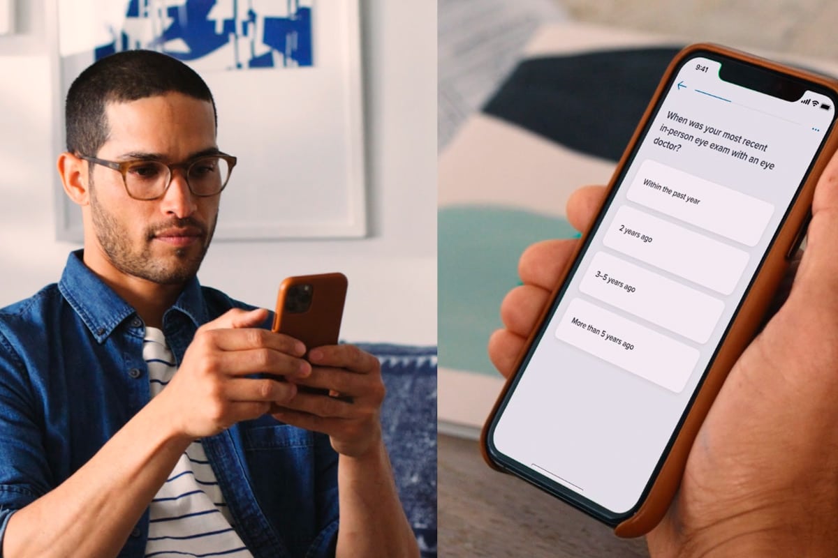 homem de óculos mexendo no celular ao lado de tela de iphone exibido perguntas
