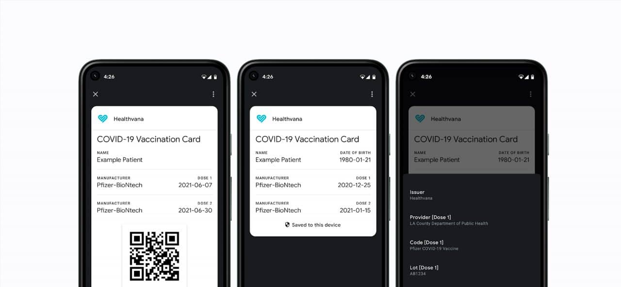 Captura de tela dos recursos do Google Pay Passes, com a função de carteira de vacinação contra a Covid-19