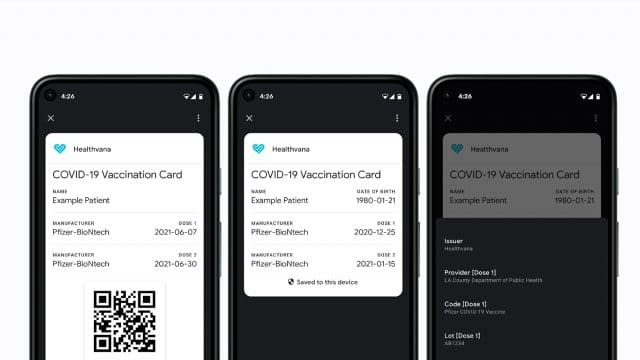 Captura de tela dos recursos do Google Pay Passes, com a função de carteira de vacinação contra a Covid-19