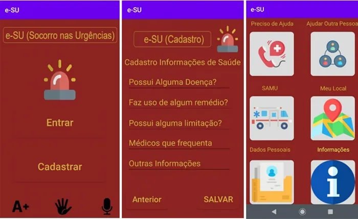 Captura de tela do protótipo do app e-SU, que visa auxiliar idosos e pessoas com deficiência a entrar em contato com serviços de socorro