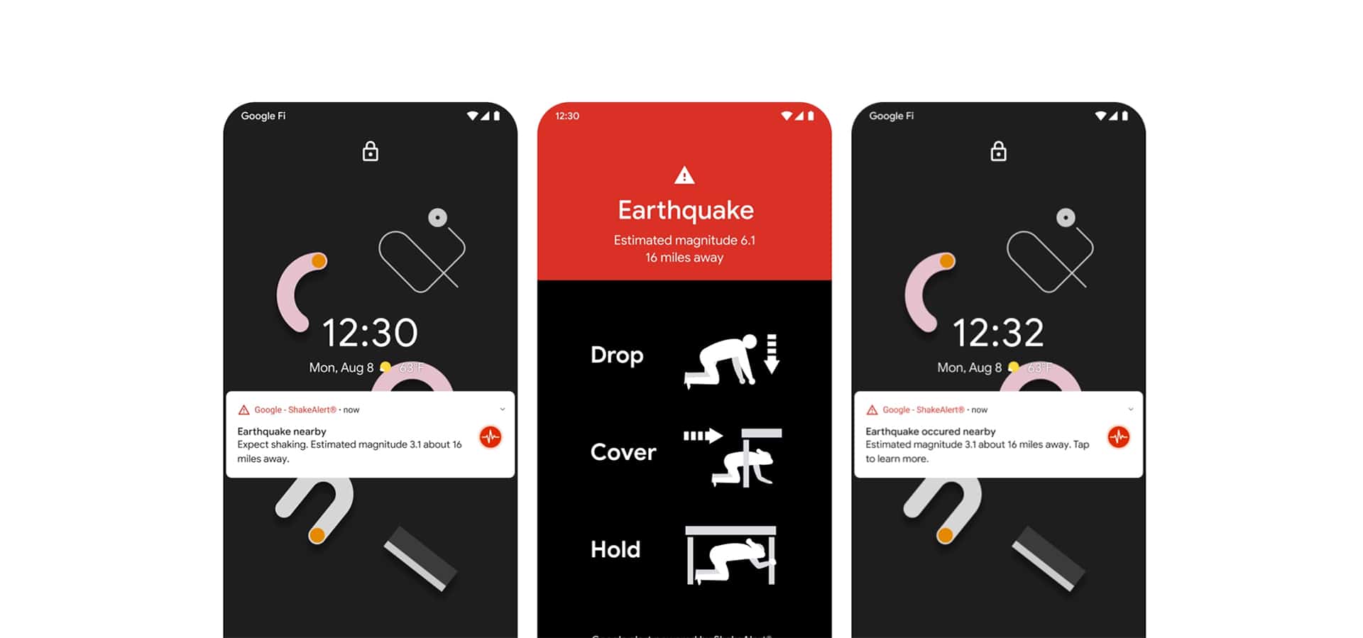 Telas do alerta de catástrofes do Android
