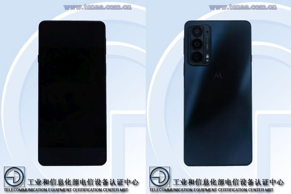 Imagem mostra Motorola Edge 20 em frente e verso, em imagem retirada do site da TENAA