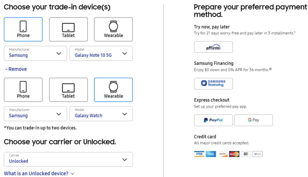 Imagem do site da Samsung dos EUA mostra como funciona a promoção do Z Fold e Flip 3 que permite a troca 2 por 1