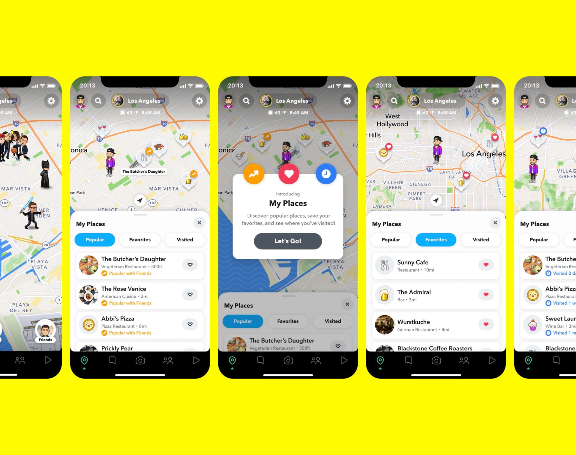Imagem mostra cinco celulares. Cada um deles mostrando as funcionalidades dos Meus Lugares, novidade do Snapchat localizada no Mapa de Snaps.