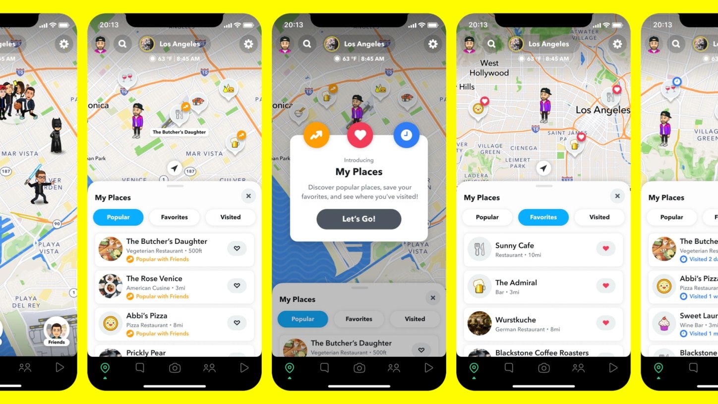Imagem mostra cinco celulares. Cada um deles mostrando as funcionalidades dos Meus Lugares, novidade do Snapchat localizada no Mapa de Snaps.