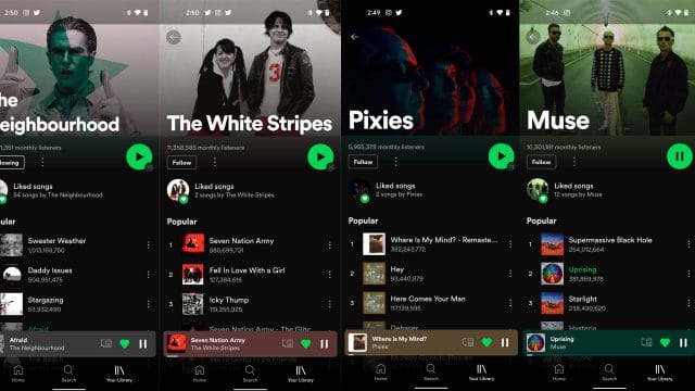 Spotify lança atualização de miniplayer que muda de cor de acordo com a capa do álbum no Android. Imagem: Spotify