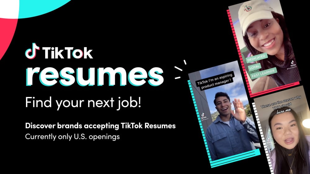 Imagem mostra anúncio do TikTok Resumes, função que quer ajudar o usuário a encontrar um emprego