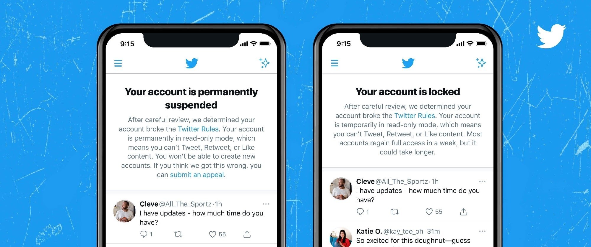 Arte oficial do Twitter para publicação comentando testes de banner para contas bloqueadas