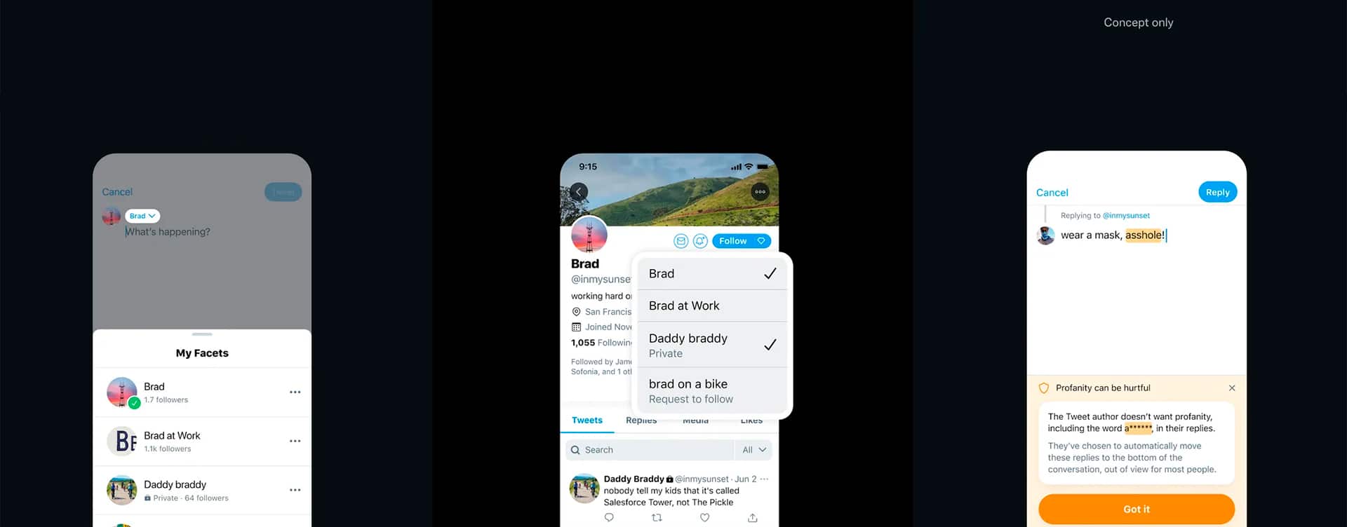 Captura de tela dos possíveis recursos de amigos confiáveis, Facets e palavras sensíveis do Twitter