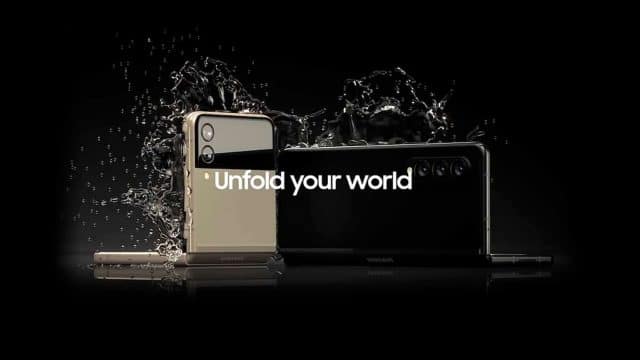 Imagem promocional dos Galaxy Z Flip 3 e Z Fold 3, com destaque para a câmera