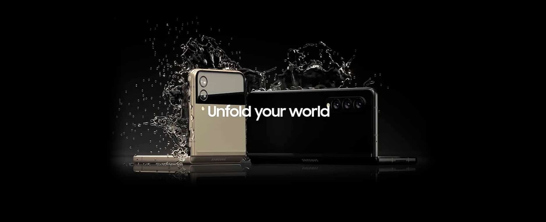 Imagem promocional dos Galaxy Z Flip 3 e Z Fold 3, com destaque para a câmera