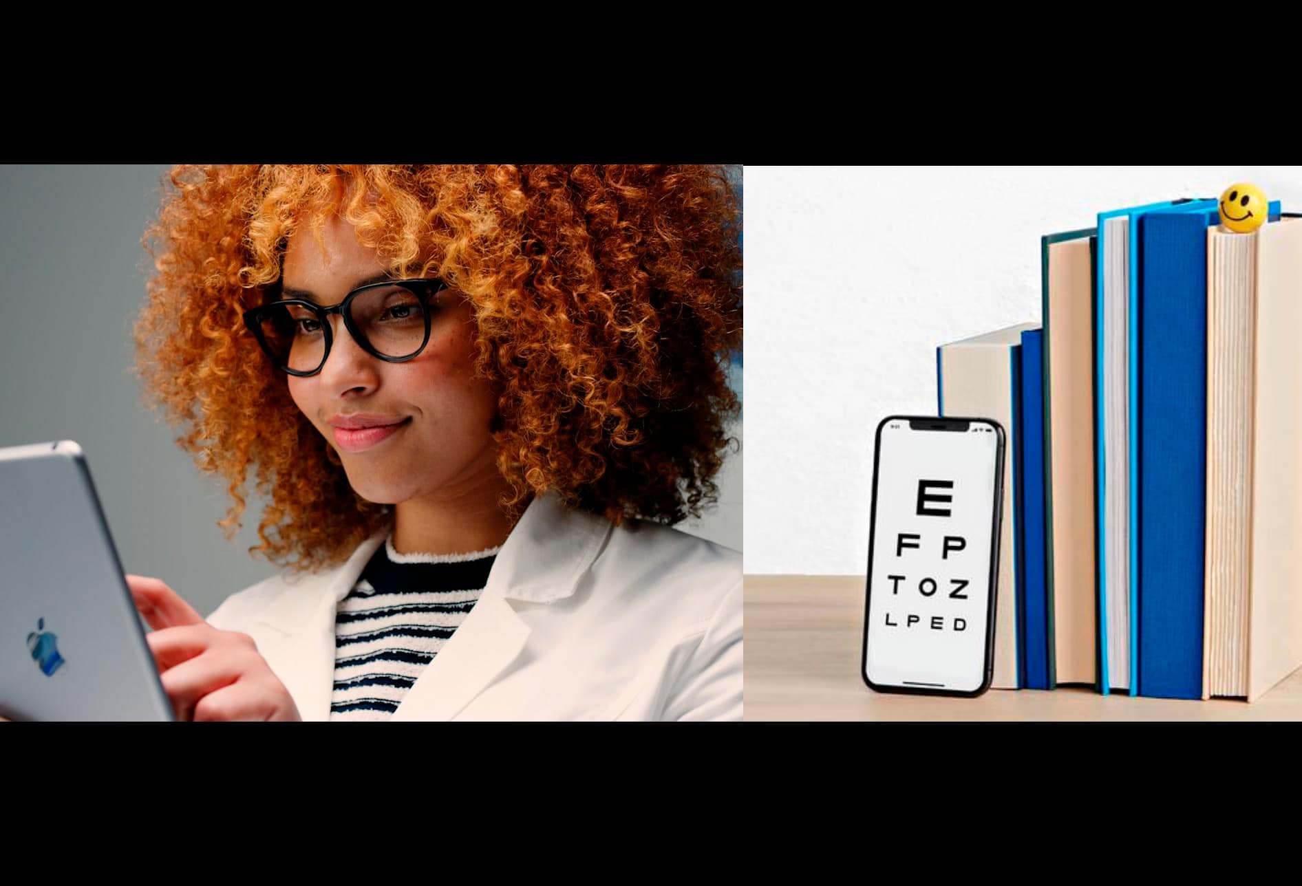 Mulher de óculos mexendo no celular ao lado de tela de iphone exibindo teste de visão