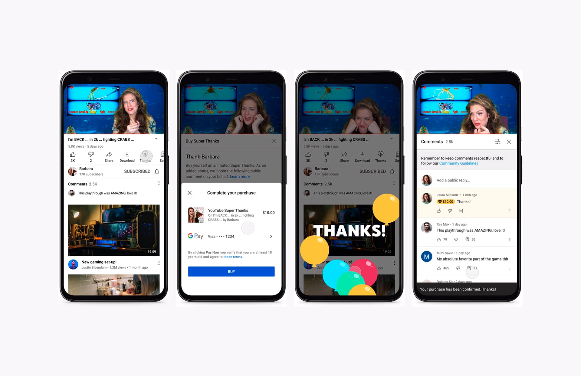 Telas do YouTube Super Thanks