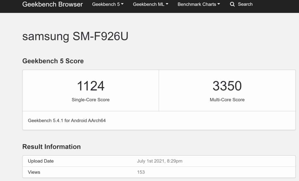 Imagem mostra resultados obtidos pelo Galaxy Z Fold 3 no Geekbench, com 12 GB de RAM e Snapdragon 888