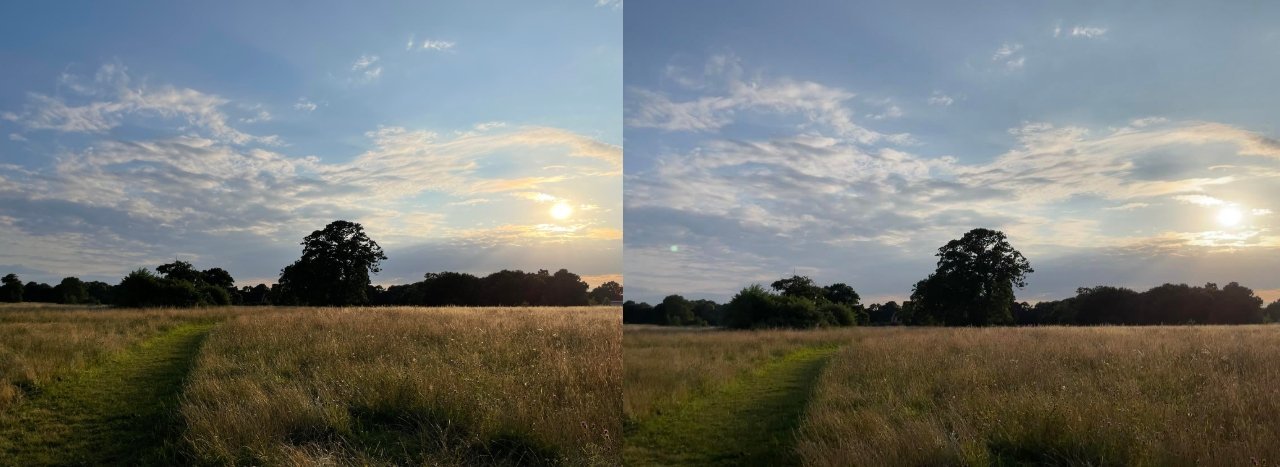 Antes e depois mostrando app de câmera do iOS 15 removendo reflexos da fotografia