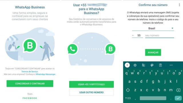 telas mostrando configurações do app WhatsApp Business
